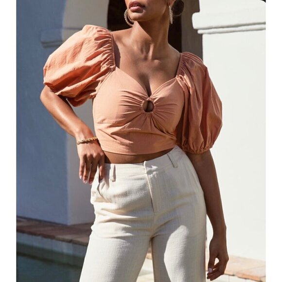 Abercrombie O-Ring Puff Sleeve Sweetheart Neck Smocked Cropped Blouse Top Small - Picture 2 of 10